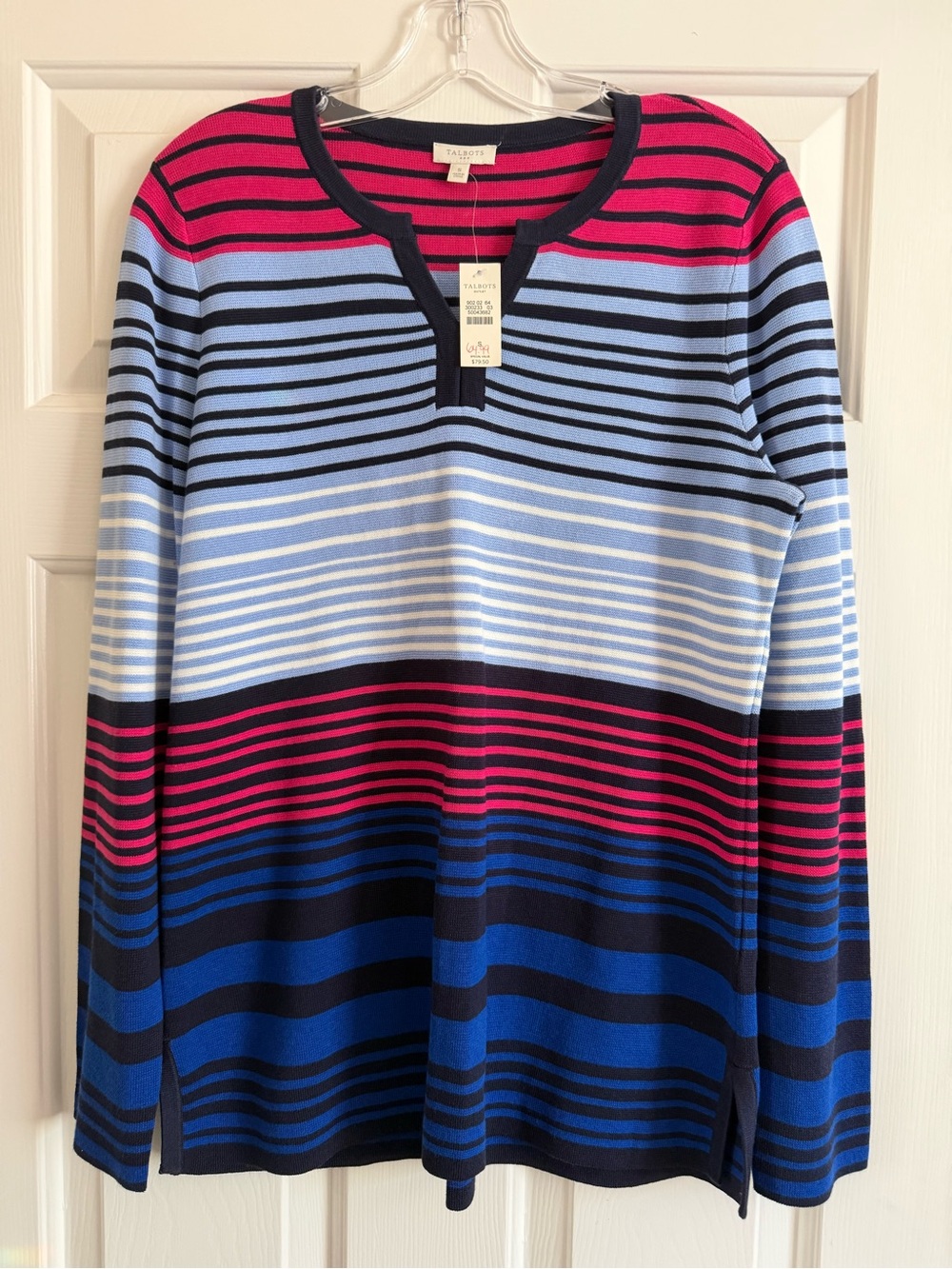 NWT TALBOTS navy blue pink stripe sweater S
